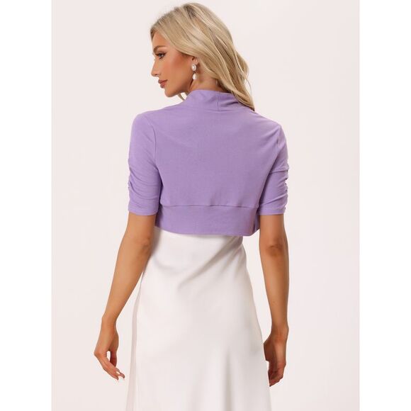 Short Sleeve Shrugs Ruched Sleeve Open Front Cropped Bolero Lilac - Picture 3 of 5